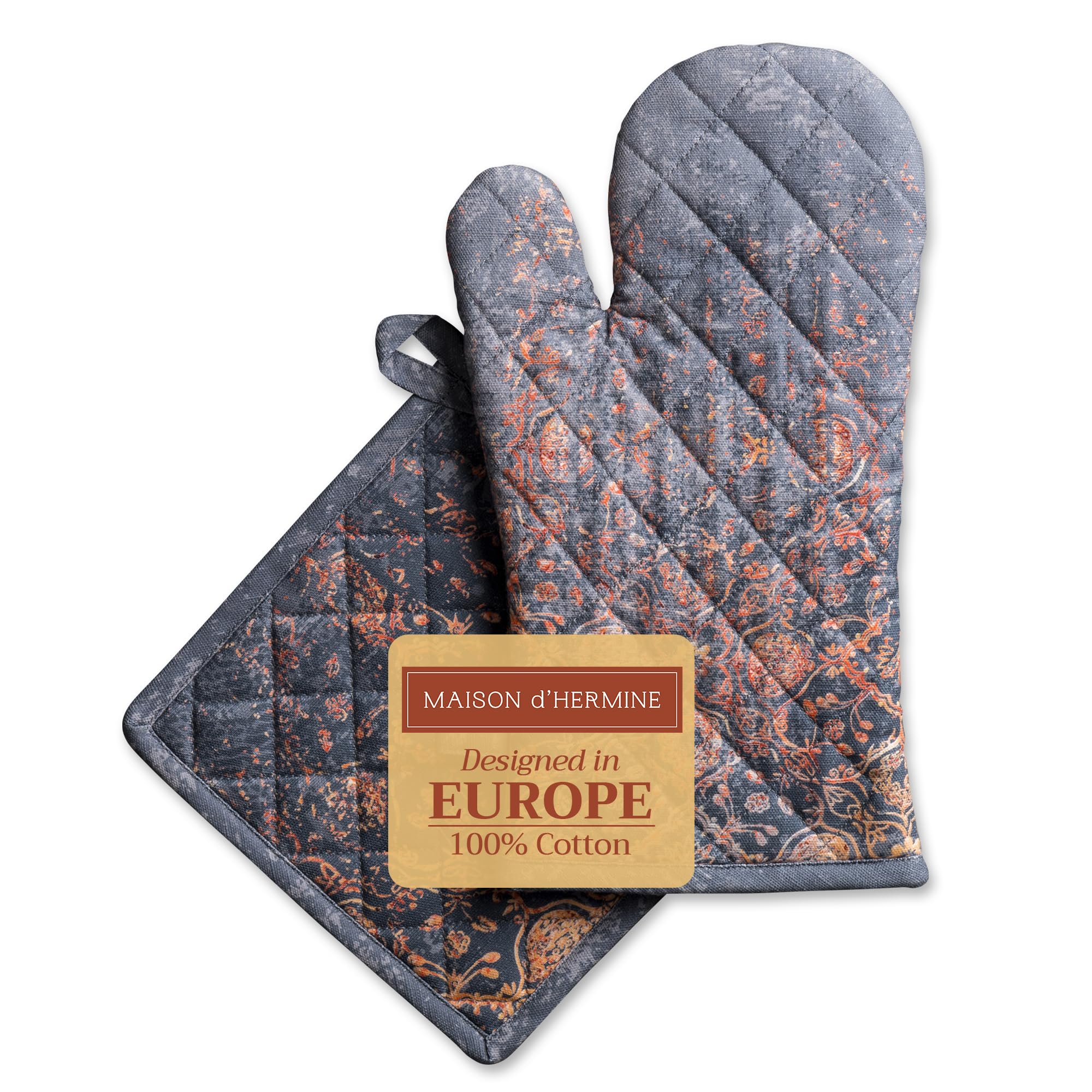 Maison d' Hermine 100% Cotton Oven Mitt & Pot Holder Set (19 x 33 cm & 20 x 20 cm) Heat Resistant BBQ Cooking Gloves with Loop for Christmas Decorations Baking Handling Hot Pans (Imperfection)