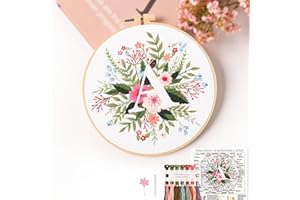 REEWISLY Embroidery Kit for Letter A,Embroidery Starter Kit Letter A Pattern,1 Plastic Embroidery Hoops,Color Threads,Instructions and Needles,DIY Adults Embroidery, Video Teaching