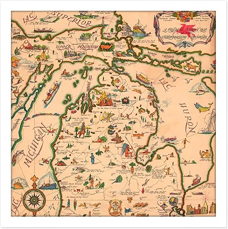 Amazon Com Map Mobile 1940 Friendly Commonwealth Michigan Pictorial Square Wooden Framed Wall Art Print Picture 16x16 Inch Furniture Decor