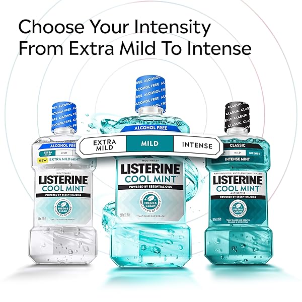 LISTERINE COOL MINT ALCOHOL-FREE MILD MOUTHWASH, ORAL RINSE KILLS 99.9% OF GERMS THAT CAUSE BAD BREATH, LESS INTENSE TASTE, MILD MINT FLAVOR, 1 L