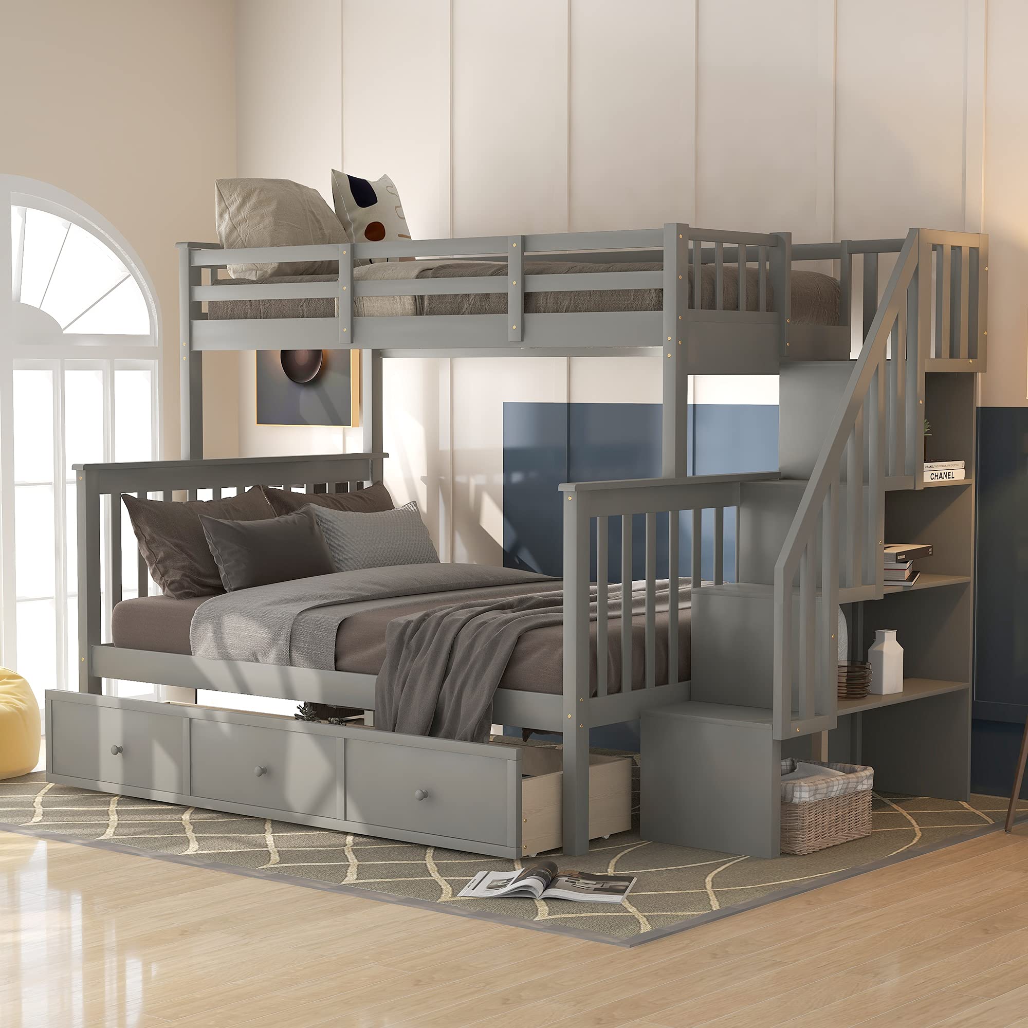 Photo 1 of ***PARTS ONLY SELLING AS PARTS ONLY -MISSING BOX 1 OF 2 ***
MERITLINE Twin Over Full Bunk Bed with Stairs and Storage Drawers, Hardwood Stairway Bunk Bed Frame for Kids Teens Adults, Bedroom, Dorm ?Gray ***(BOX RIPPED/TORN)***