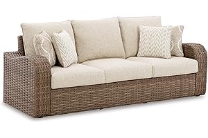 Signature Design by Ashley Sandy Bloom Casual Outdoor Sofa with Cushion, Light Brown & White