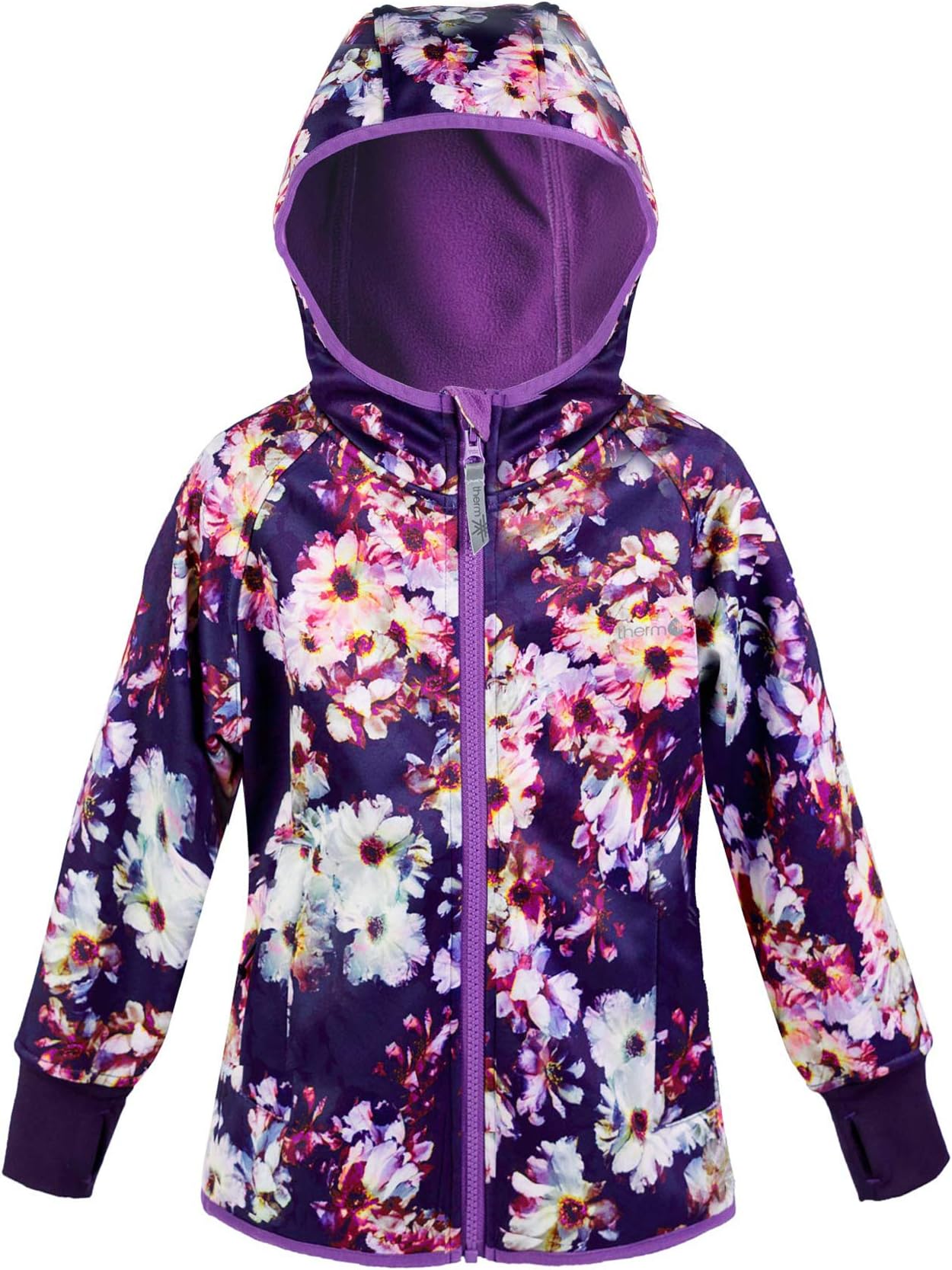 Therm Girls Rain Jacket, Waterproof Fleece Lined Hoodie Raincoat - Eco Softshell Winter Coat for Kids - Size 8, 10, 12