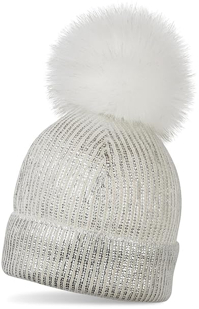 styleBREAKER warme Metallic Strick Bommelmütze mit abnehmbarem Kunstfell Bommel, Winter Fellbommel Mütze, Damen 04024138