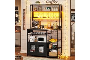 UPOSOJA Kitchen Bakers Rack with Storage Shelves, Microwave Stand with Power Outlet and LED Light, Coffee Bar Cabinet Wire Basket Metal Grid Wine Rack Goblet Holder Hooks (Black)