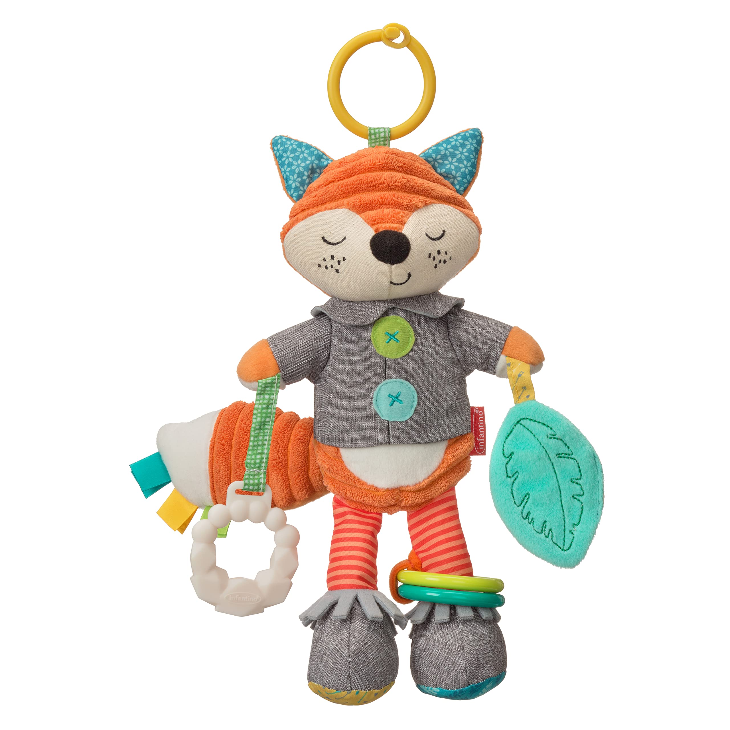 INFANTINO - Peluche renard - Jouet sensoriel bébé - Matières variées - Hochet et anneau de dentition intégré - Sans BPA - Dès 0 mois