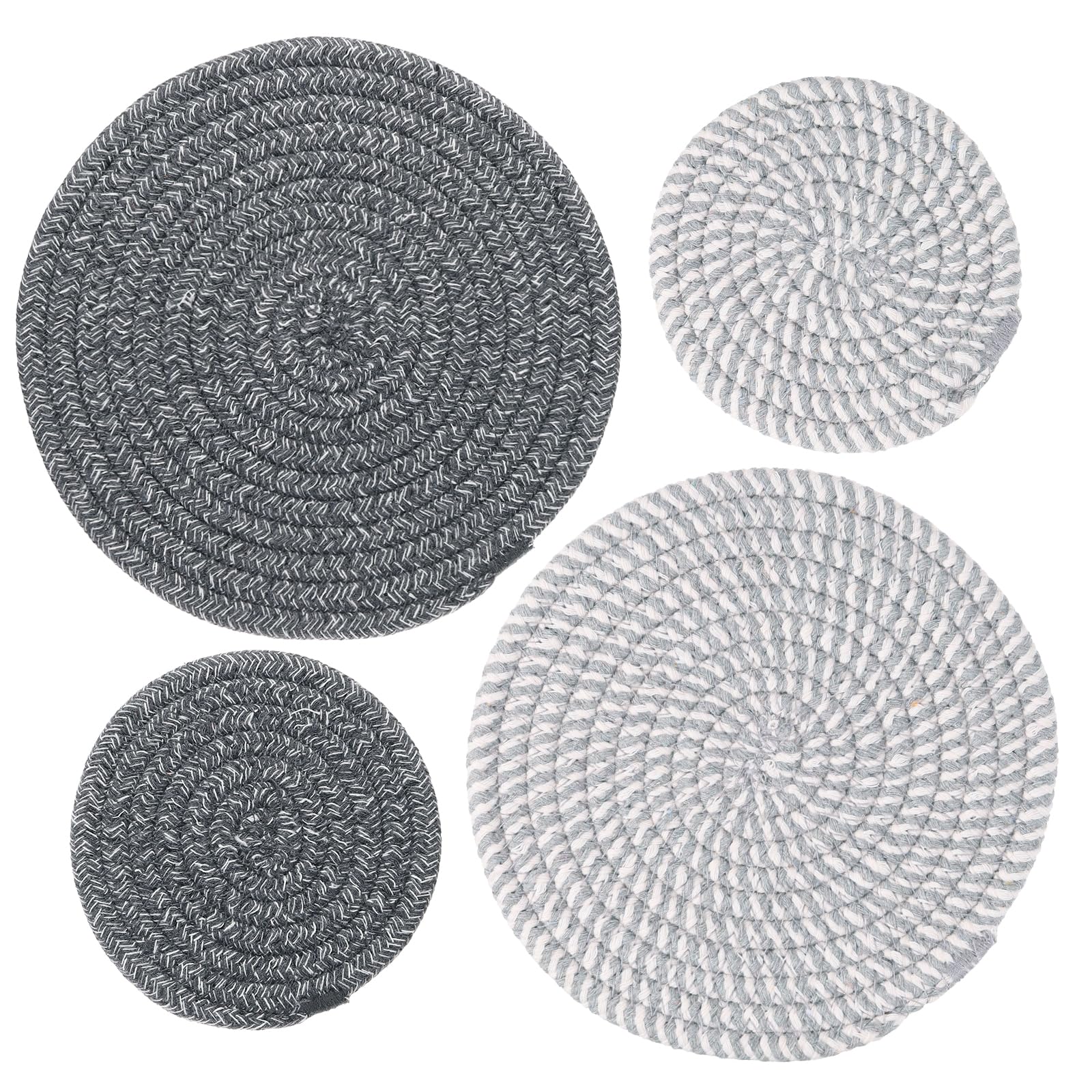 PATIKIL Plant Coasters 4 Inch 7 Inch, 4 Pcs Woven Plant Mat Round Pads Set for House Indoor Outdoor Gardening Pot Kitchen Table, Gray Stripes & Dark Gray Color
