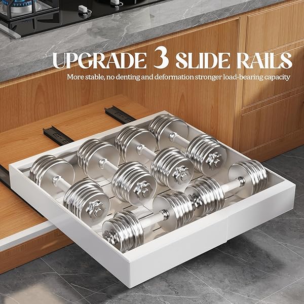 SEINLOES 4 PACK EXPANDABLE PULL OUT CABINET ORGANIZER 21″DEEP WITH RAISING PAD FOR FRAMED CABINETS,UPGRADE 3 SLIDE RAILS SLIDE OUT DRAWERS,NO DRILL ROLL OUT SHELVES,ADJUSTABLE WIDTH 12.1″-20.4″ WHITE