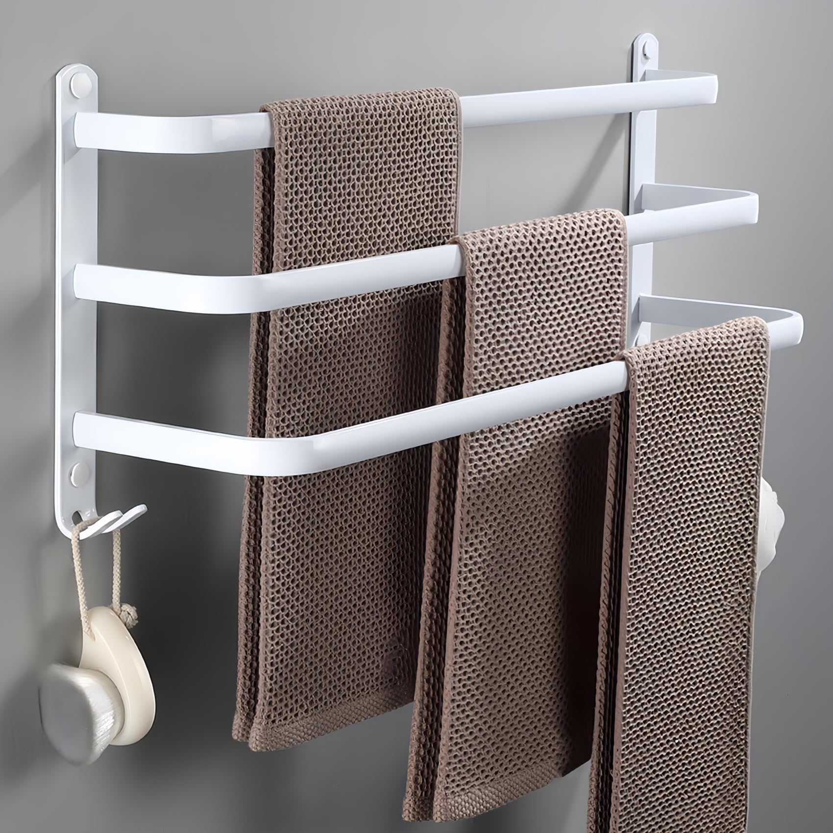 yozhch White Towel Rail with Hooks, 3-Tier Towel Rack Wall Mounted Bathroom Towel Holder, Nail-Free Adhesives/Drilling Installation, Aluminum