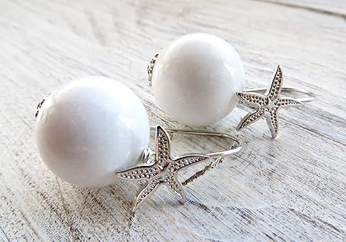 Boucles Doreilles Avec Jade Blanche Et étoiles De Mer