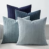 EMEMA Coastal Blue Decorative Throw Pillow Covers 18x18 Inch Set of 4 Boho Farmhouse Corduroy Striped Square Pillow Case,Western Modern Cushion Covers for Couch Bed Livingroom Home Decor