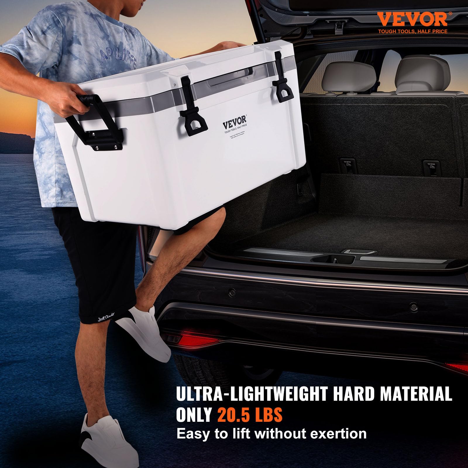 VEVOR Ultra-Light Hard Cooler, Ice Retention Cooler with Heavy Duty Handle, Ice Chest Lunch Box for Camping, Travel, Outdoor, Keeps Cool for up to 6 Days, 30% Lighter Than Rotomolded Coolers
