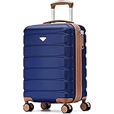 Flight Knight 21.5x15.5x9 Expandable Carry On Suitcase Hardside TSA Lock & USB C Port Lightweight Luggage Silent Double Spinner Wheels Maximum Canada Air Overhead Bag Airlines Approved Navy/Tan