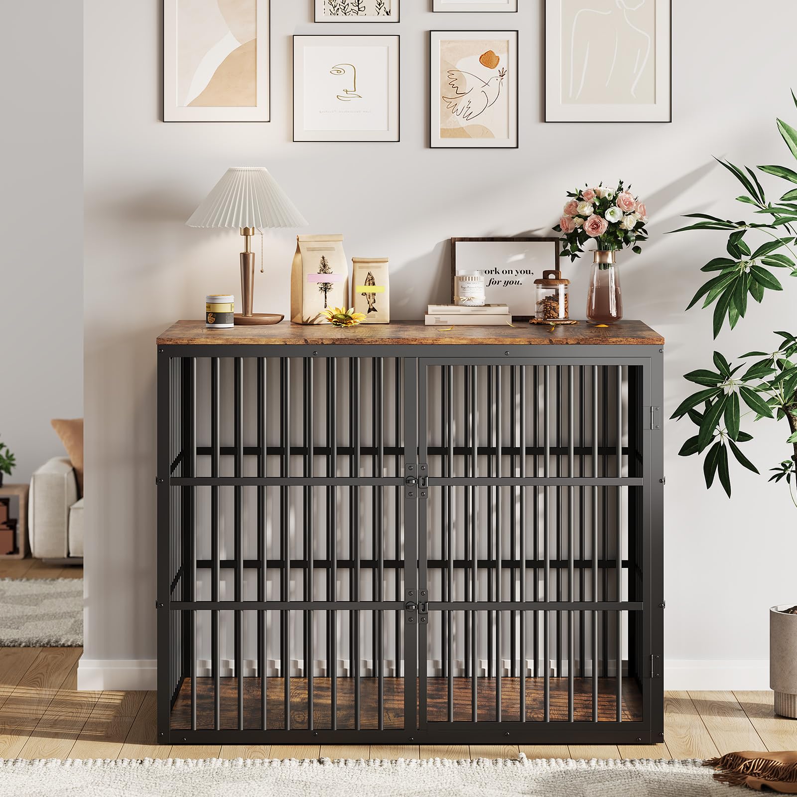 Photo 1 of 48 in Dog Crate Furniture, 3-in-1 Wooden Dog Kennel with 3 Lockable Doors, Heavy Duty Metal Frame & Sturdy Panels, Large End Table for Medium to Large Breeds, Brown & Black