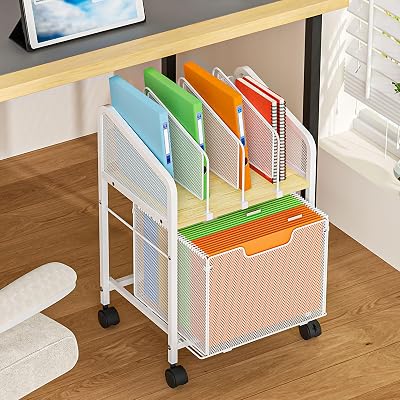 Tiaoheka Rolling File Cabinet with Adjustable Dividers, Mobile Filing Cabinet with Storage Drawer on Lockable Wheels, Hanging File Organizer Beside Under Desk for Office, Home, White(Patent Pending)
