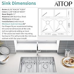 ATTOP Double Bowls Undermount Sink With Faucet,32
