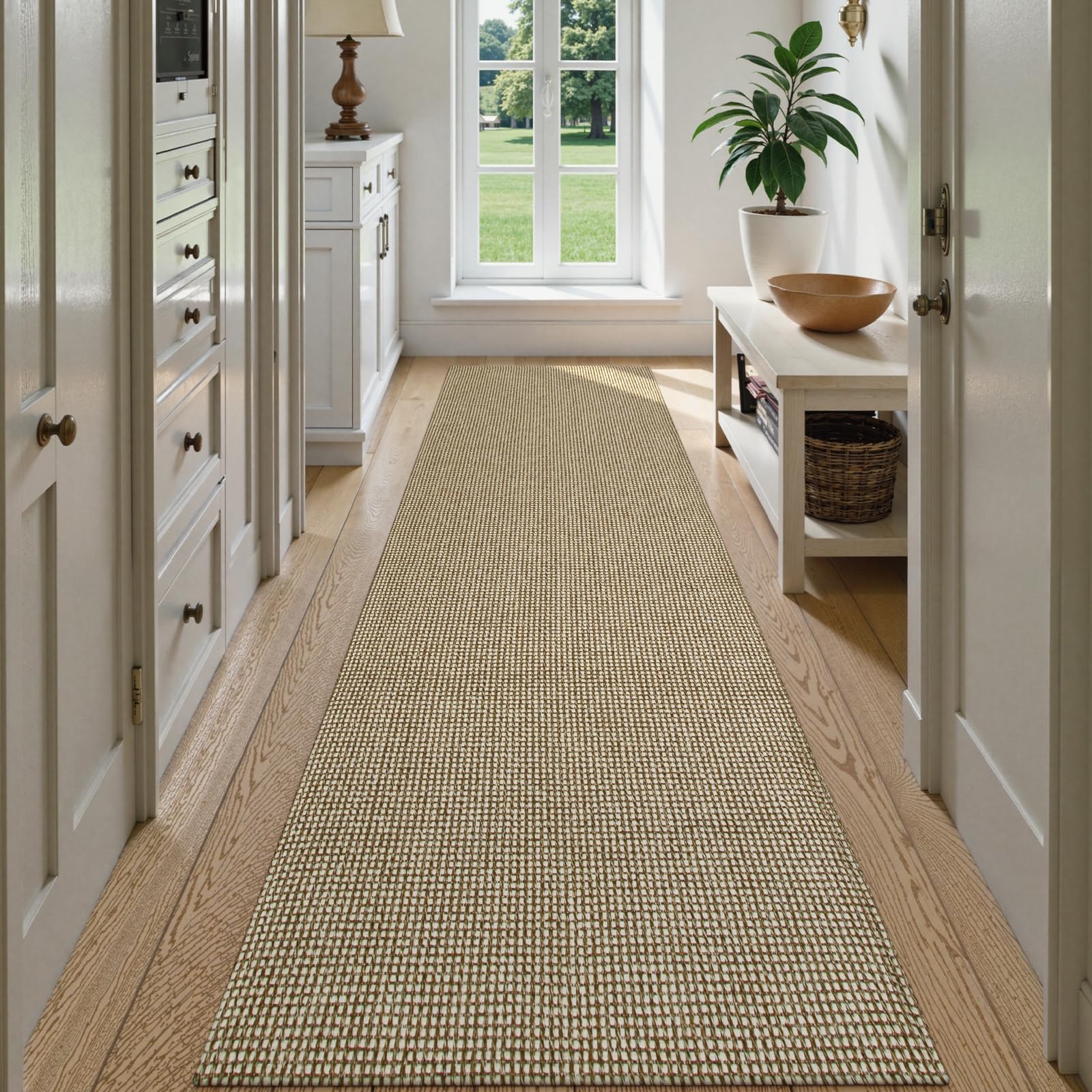 Photo 1 of Uphome Kitchen Runner Rug, 2'6x10 Washable Boho Rug Runners for Hallways Non Slip, Low Pile Woven Cotton Modern Carpet Runners, Stain Resistant Bedroom Runner Rug for Hallway Entryway Entrance, Tan