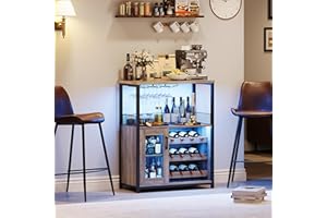 SunnyFurn Wine Bar Rack Cabinet with LED Light, Adjustable Shelves Coffee Bar Cabinet with Mesh Door and Baffle Design, 36 in Tall, Kitchen, Dinning Room, Grey