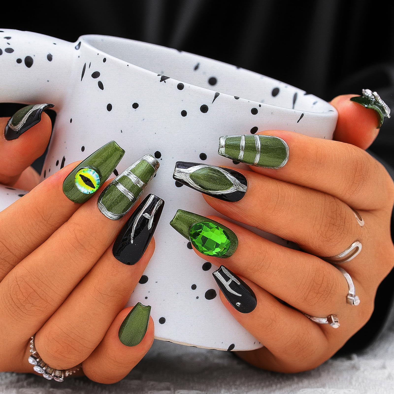 Sethexy Green Long Coffin False Nails Punk Rhinestone Fake Nails with Design Acrylic Salon Glossy Press On Nails for Women and Girls 10PCS (Green2)