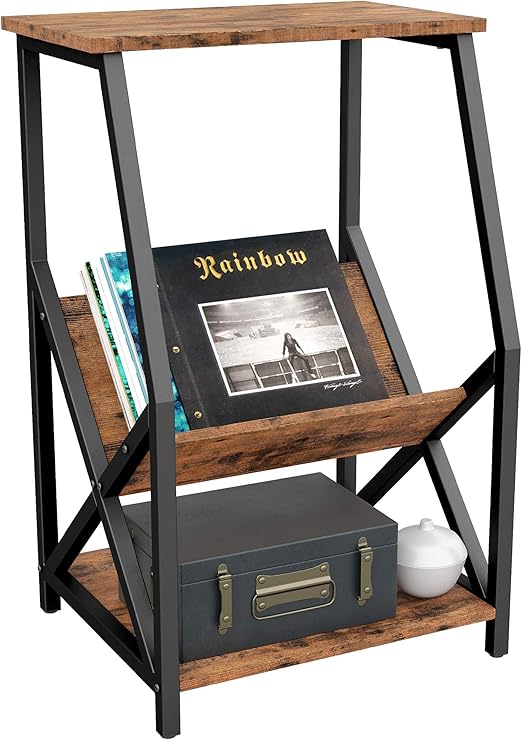 Amazon Com Ironck Tall 3 Tier Side Table 22 L18 W34 2 H Record Player Stand With Storage Wood Look Industrial Accent Table Mdf Board With Metal Frame Vintage Brown Kitchen Dining