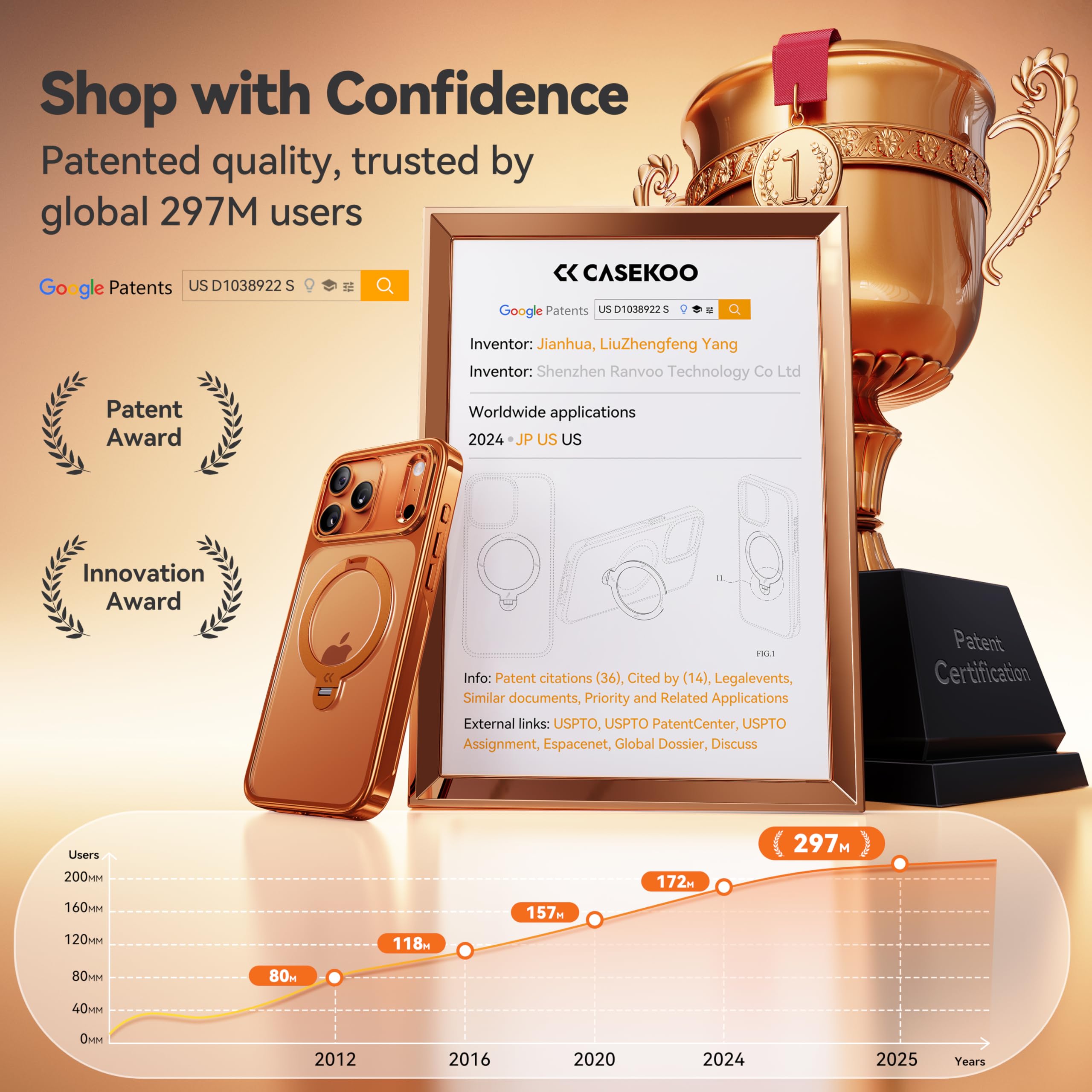 CASEKOO Cosmic Orange Glossy for iPhone 17 Pro Max Case [360 Spin Magnetic Stand][Fit for MagSafe][17FT Military Protection] Slim Polished for iPhone 17 Pro Max Case with Stand 6.9