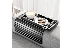 Bestjing Black Sofa Arm Rest Tray Table for Couch - 2-in-1 Couch Arm Table with Be Slide Detachable Tray - Anti-Slip Foldable Sofa Armchair Caddy for Drinks Cup Cellphone TV Remote Snacks