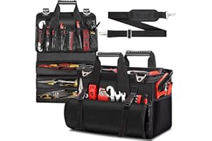 OLLDIDE Heavy Duty Tool Bag 17-Inch, 27-Pocket Tool Tote with Tool Roll Bag & Adjustable Shoulder Strap, Large Portable Tool Bags Organizer and Storage for Men Women, Birthday Father's Day Gifts for Dad