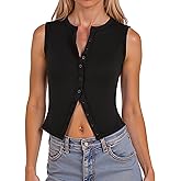 AURUZA Womens Going Out Tank Tops, Button Down Tank Vest, Ribbed Sleeveless Shirts Summer Going Out Cropped Tank Top
