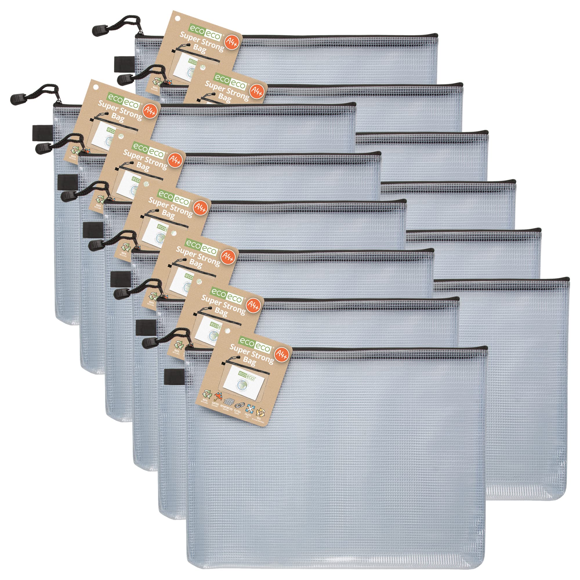 eco-eco A4+ 95% Recycled Super Strong Bag, Waterproof Mesh Tuff Bag, Reinforced, Black/Clear zip closure (Pack of 12), eco039x12
