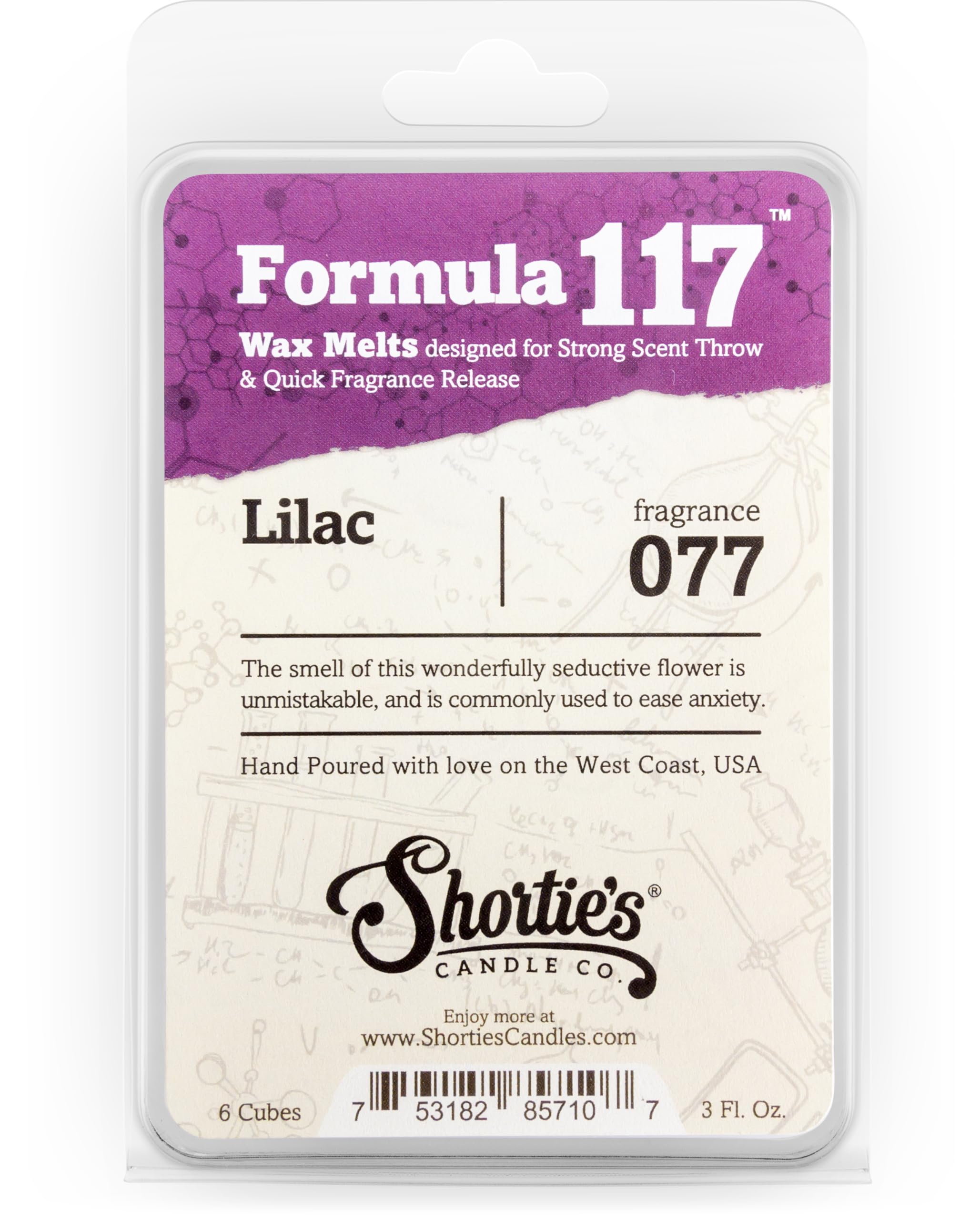 Shortie's Candle Company Pure Lilac Wax Melts - Formula 117-1 Highly Scented 3 Oz. Bar - Made with Natural Oils - Flower & Floral Air Freshener Cubes Collection