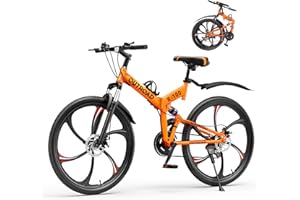 Betterland 26 Inch Folding Mountain Bike, 21 Speeds Full Suspension Foldable Bikes, Dual Disc Brake, High Carbon Steel Frame and Non-Slip Quick Release tire Bicycle for Adult