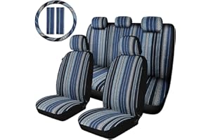 AKAUTO Baja Saddle Blanket Car Seat Covers Full Set with Seat Belt Pads and Steering Wheel Cover, Universal Colorful Striped Woven Interior Cover for Sedan, SUV, Truck, Airbag Compatible