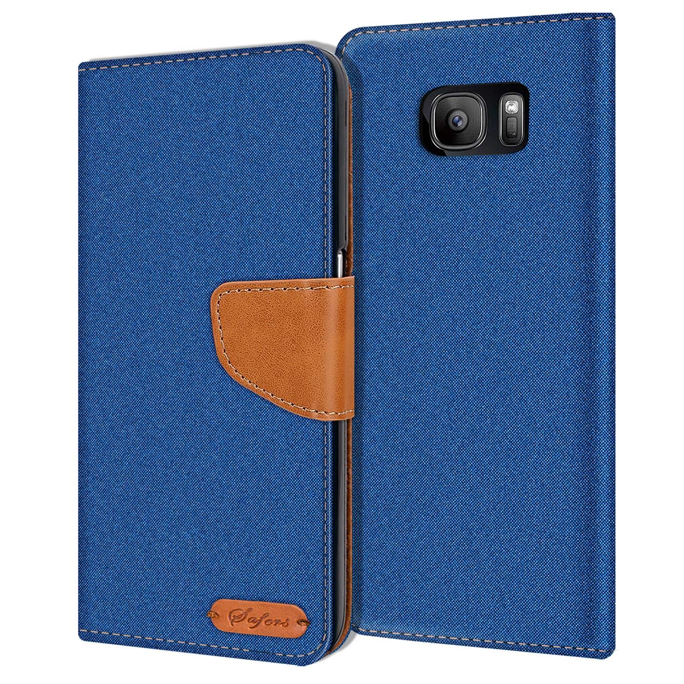 Verco Phone Wallet Case compatible with the Samsung Galaxy S7 Edge, Canvas Faux Leather Book Cover for the Galaxy S7 Edge Flip Case Bag Hinged - Blue