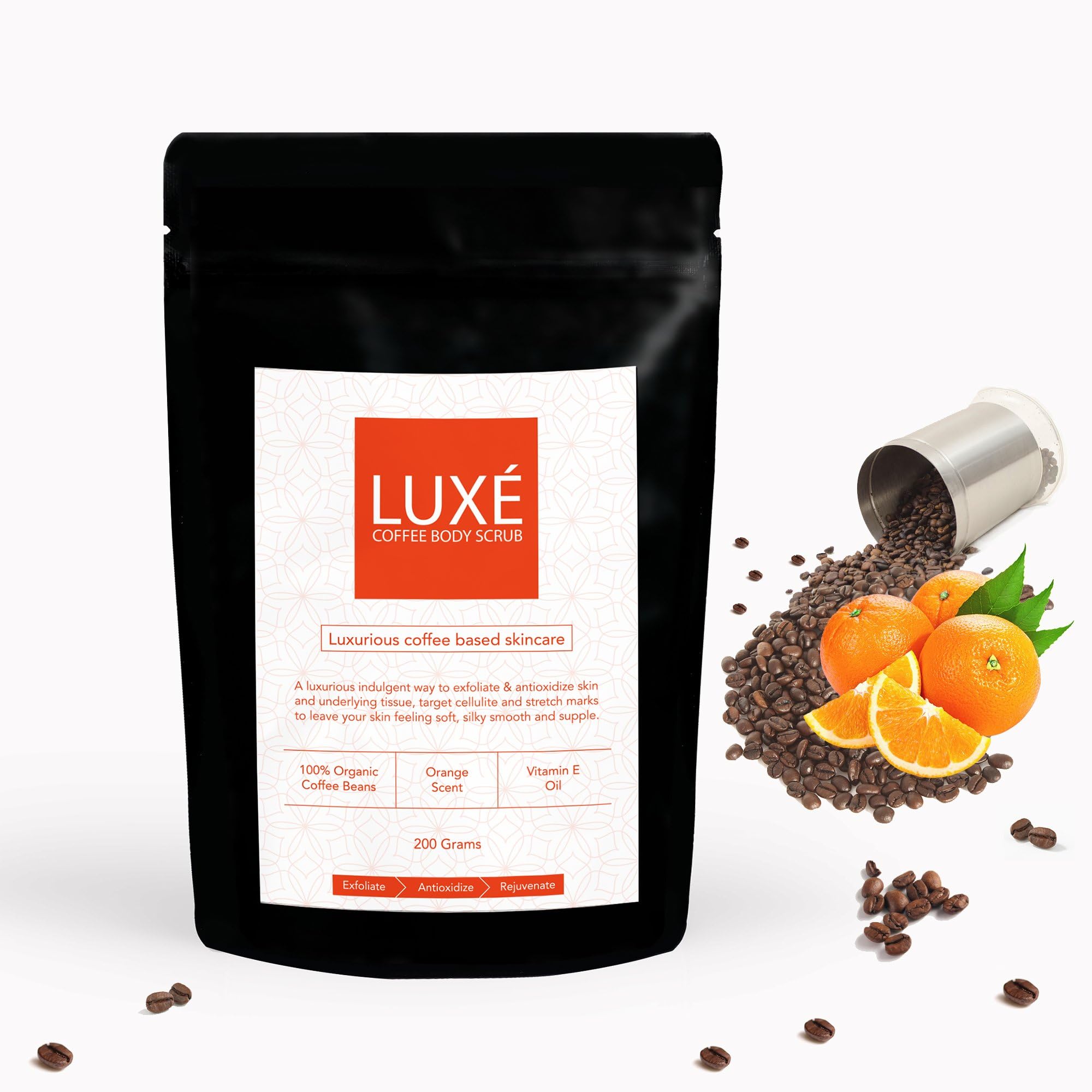 LUXE Coffee Body Scrub, Natural Cellulite Detox Exfoliating Earthbody Organic, Orange Scent with Vitamin E Oil, 200g