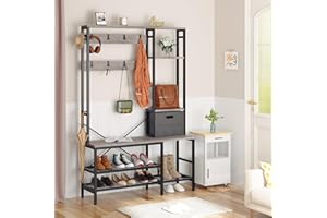 Meilocar Hall Tree Free Standing Coat Rack, 5-in-1 Hall Tree with Bench and Shoe Storage, Fabric Storage Basket, Side Hooks for Entrance, Foyer, Mudroom(Gray)