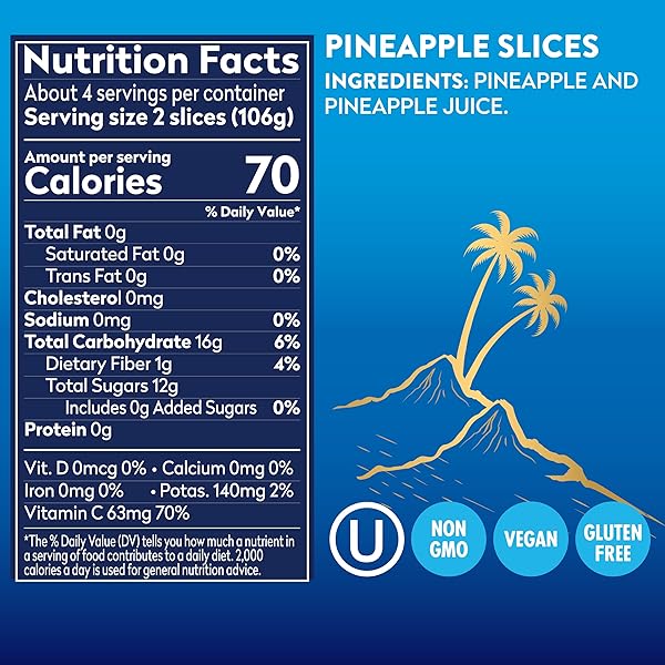 DOLE CANNED FRUIT, TROPICAL GOLD PINEAPPLE SLICES IN 100% PINEAPPLE JUICE, GLUTEN FREE, PANTRY STAPLES, NO SUGAR ADDED, 15.25 OZ
