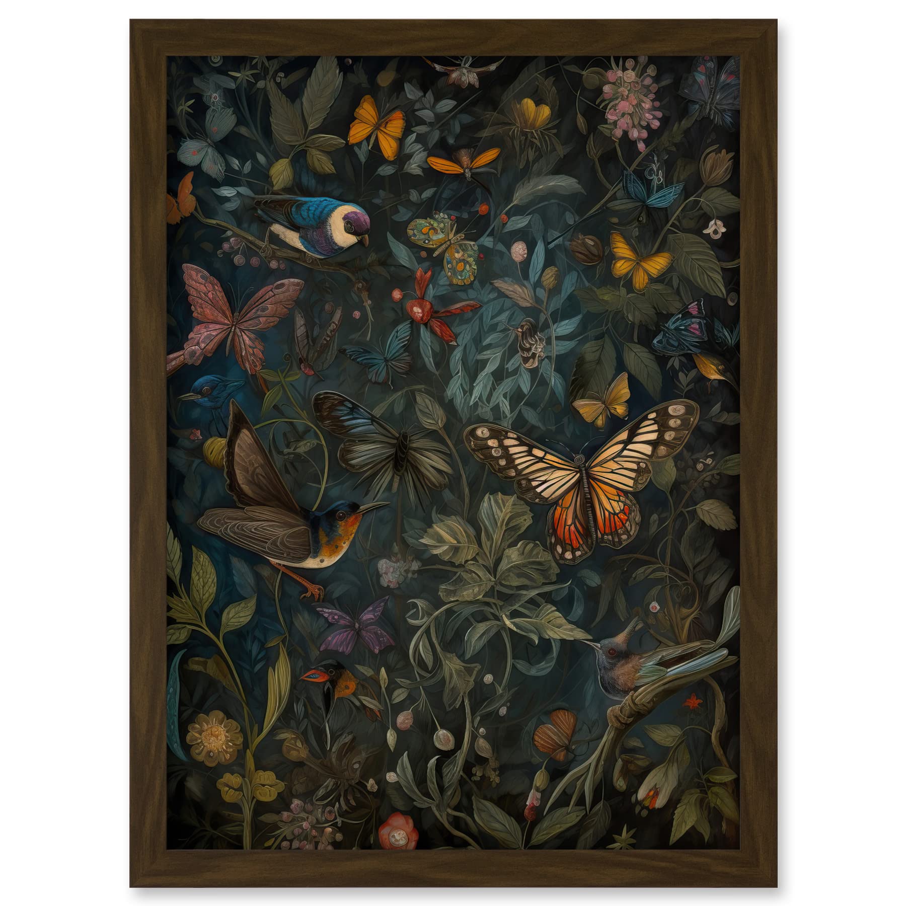 Artery8 William Morris Style Plants Birds and Butterflies Artwork Framed A3 Wall Art Print