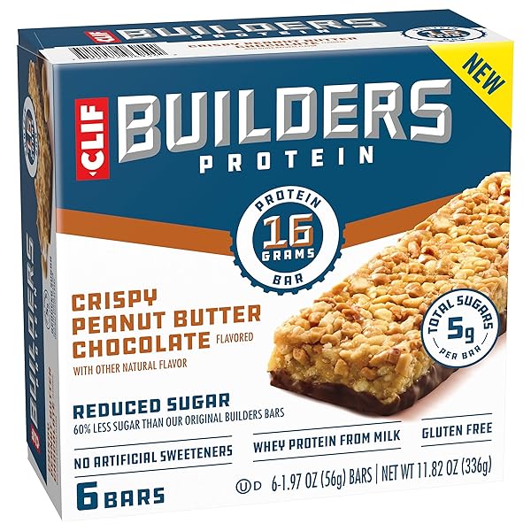 CLIF BUILDERS PROTEIN BARS – CRISPY PEANUT BUTTER CHOCOLATE FLAVORED – REDUCED SUGAR – GLUTEN FREE – 16G PROTEIN – NO ARTIFICIAL SWEETENERS – 1.97 OZ. (6 PACK)