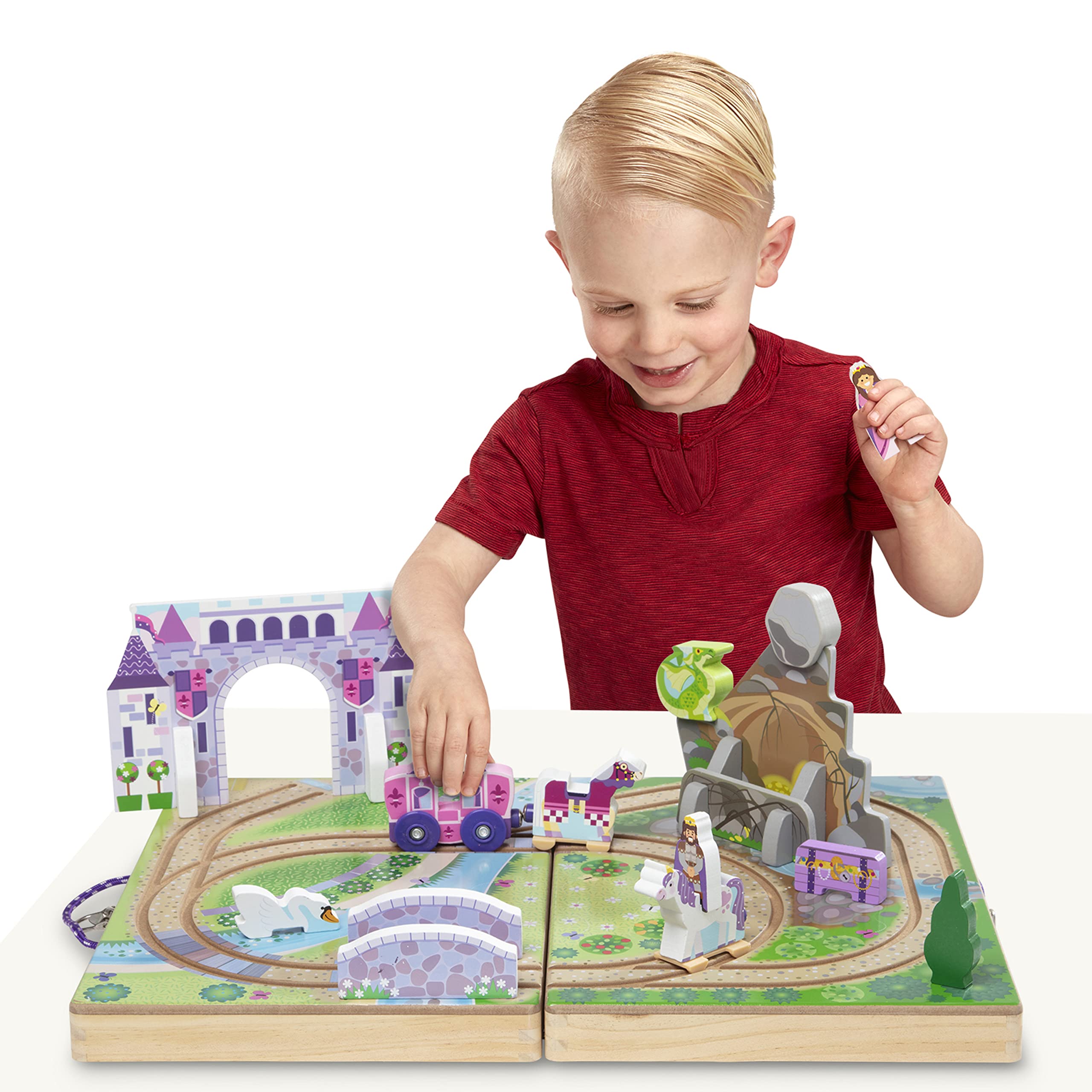 Melissa & Doug 19-Piece Wooden Take-Along Tabletop Kingdom – Carriage, Horse, Unicorn, Dragon, More