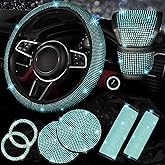 NBTEPEM 8 pcs Bling Car Accessories Set for Women, Steering Wheel Cover, Sparkly Seat Belt Covers, Bling Gear Shift Cover, Universal Fit Most Cars (Aquamarine Diamond)