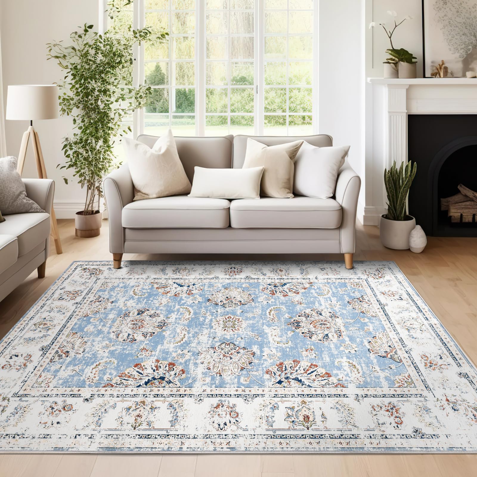 TOPICK Washbale Rug 120x180cm Large Floral Blue Rug Non Slip Lightweight Carept for Living Room Bedroom Dining Room