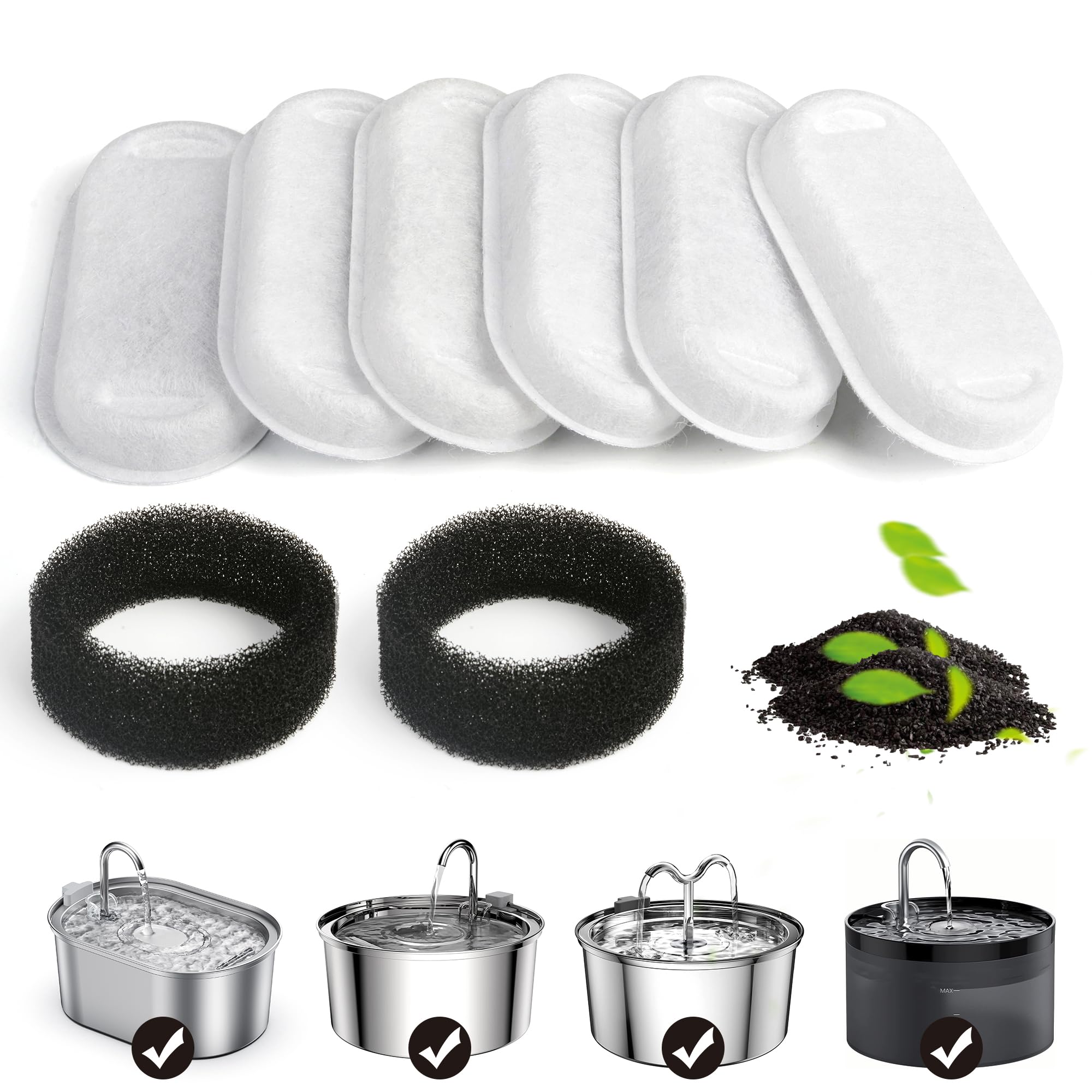 Petace Cat Water Fountain Filters, Replacement Sponges for Stainless Steel Cat Water Fountain, 3.2L Pet Drinking Dispenser Activated Carbon Filters 6 Packs