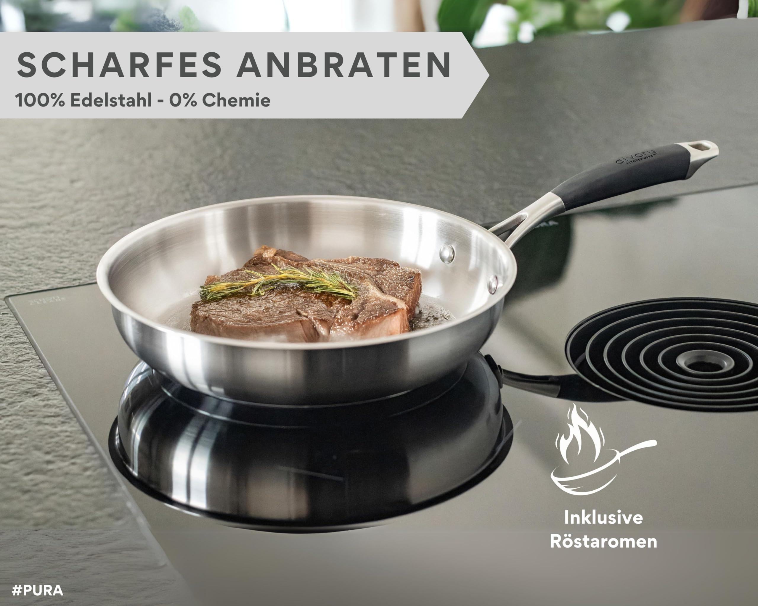DIVORY Edelstahlpfannen Set 20, 24, 28 cm – Unbeschichtete Pfannen ohne PTFE & PFOA, Bratpfannen Edelstahl für Induktion & alle Herdarten, Pfannenset für Röstaromen – Stainless steel frying pan (PURA) 7