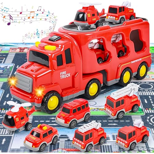 Transport Carrier Toy Set with 6 Vehicles, Musical Effects, Educational Gift for Children 3+ Years (Fire-fighting vehicles)