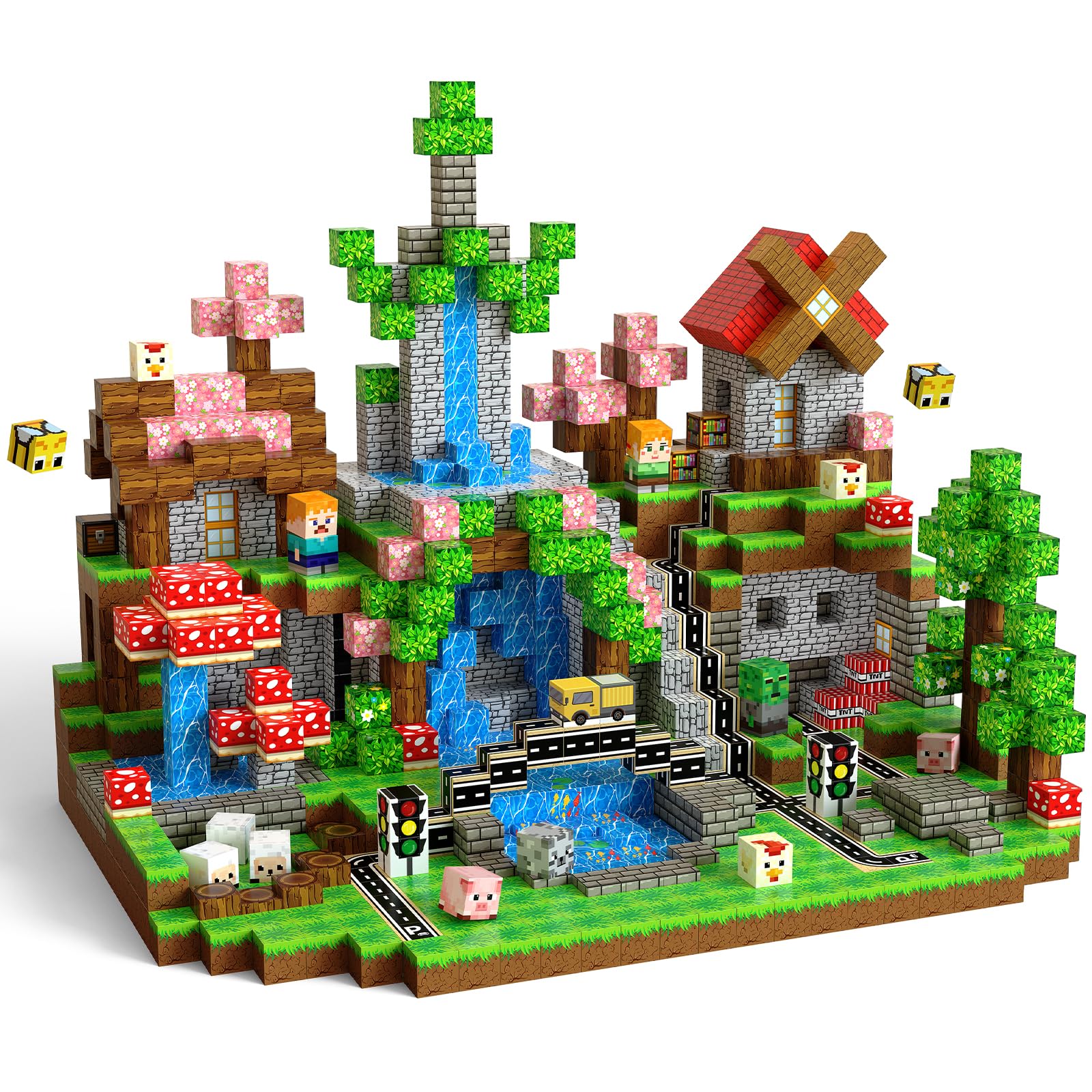 Magnetic Blocks, 200PCS Magnetic Building Blocks, Stacking Magnets for Kids, Sensory Toy for STEM Constructions Magnet Blocks for Boys Girls Age 3+, Christmas Birthday Gifts, Pink Sakura Traffic Image