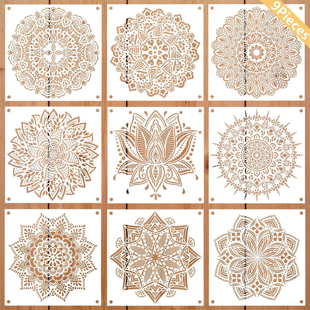 Zayookey 9 Pcs 12x12 Mandala Stencils, Reusable Moroccan Mandala Flower Tile Stencil, Boho Furniture Stencils Dot Painting Template for Wall Floor Art Scrapbook(White)