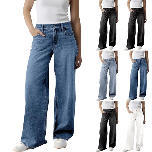 Jeans Trousers for Women UK - High Waisted Denim Trousers Straight Leg Jean Loose Casual Pant Wide Leg Jeans with Pockets Denim Soft Pants Work Office Jean Plus Size Xs-6Xl