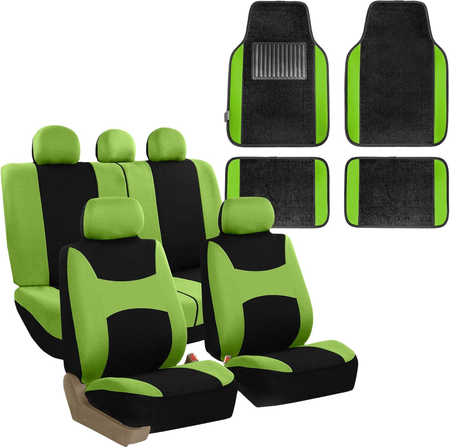 FH Group FH-FB030115 Light & Breezy Cloth Seat Cover Set Airbag & Split Ready with Premium Carpet Floor Mats Green/Black - Fit Most Car, Truck, SUV, or Van