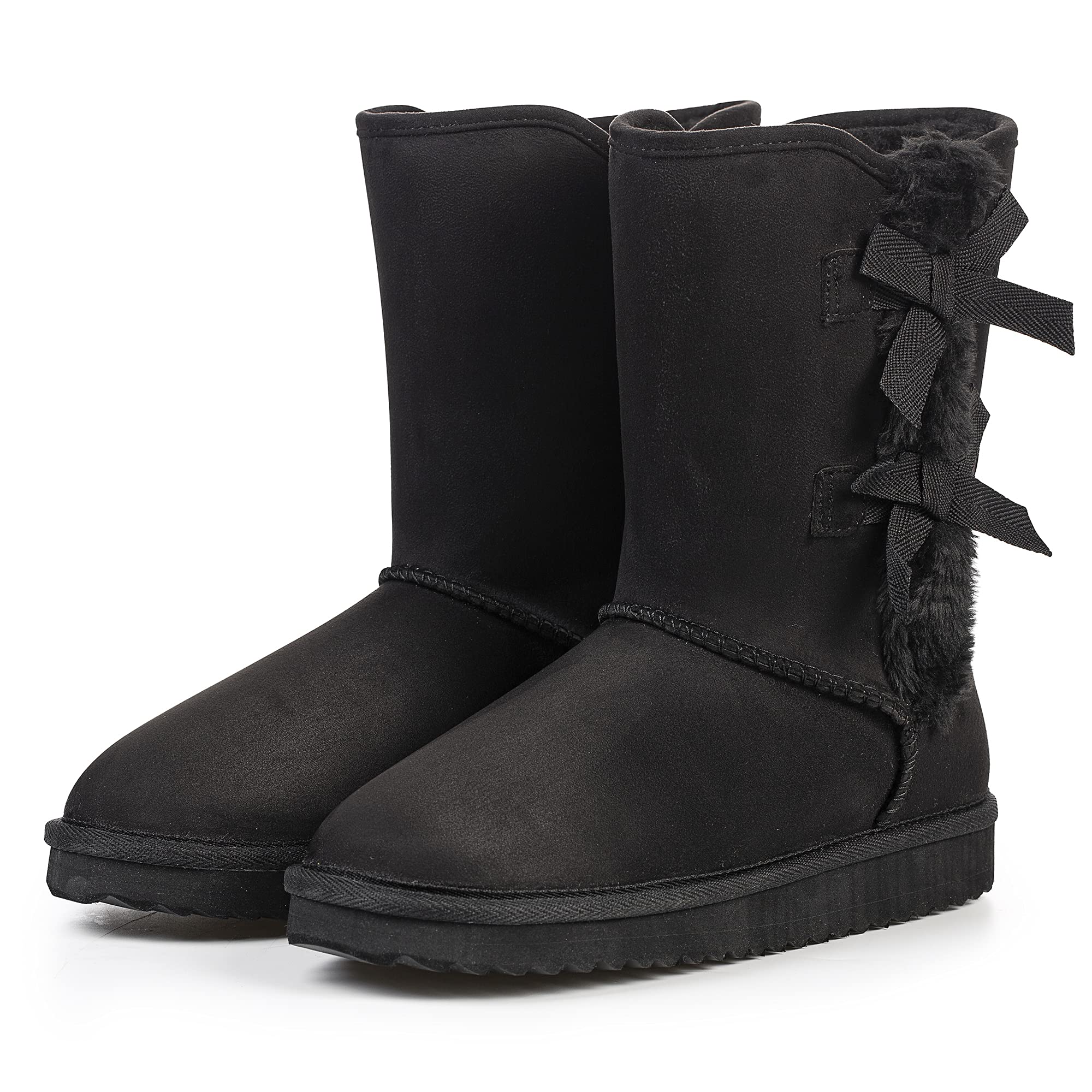 KRABOR Womens Suede Snow Boots Mid-Calf Winter Shoes with Side Bows