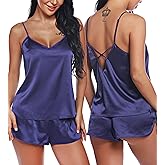 RSLOVE Women V Neck Sexy Lingerie Satin Sleepwear Pajamas Cami Shorts Set Nightwear